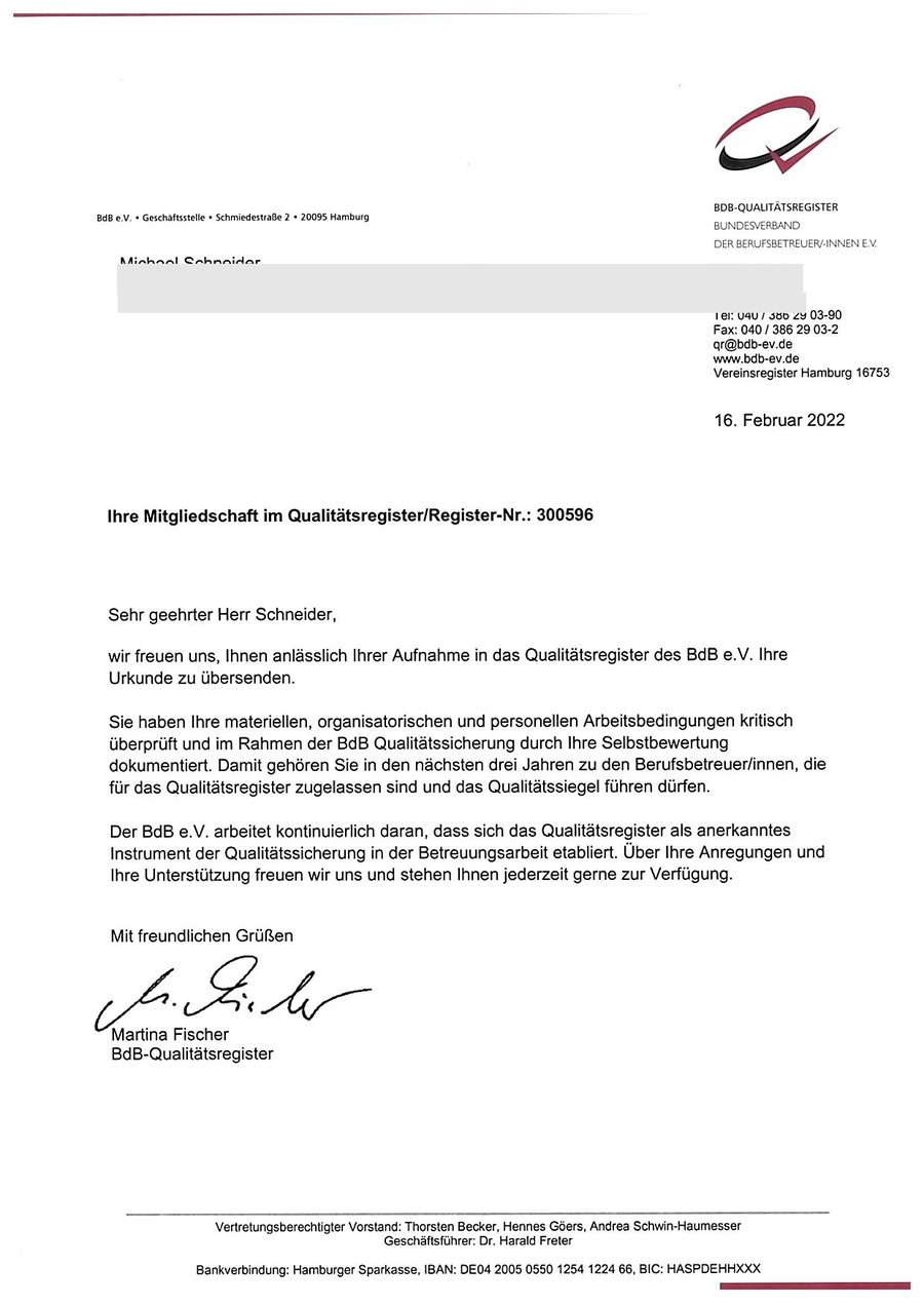 BdB Bestätigungsbrief