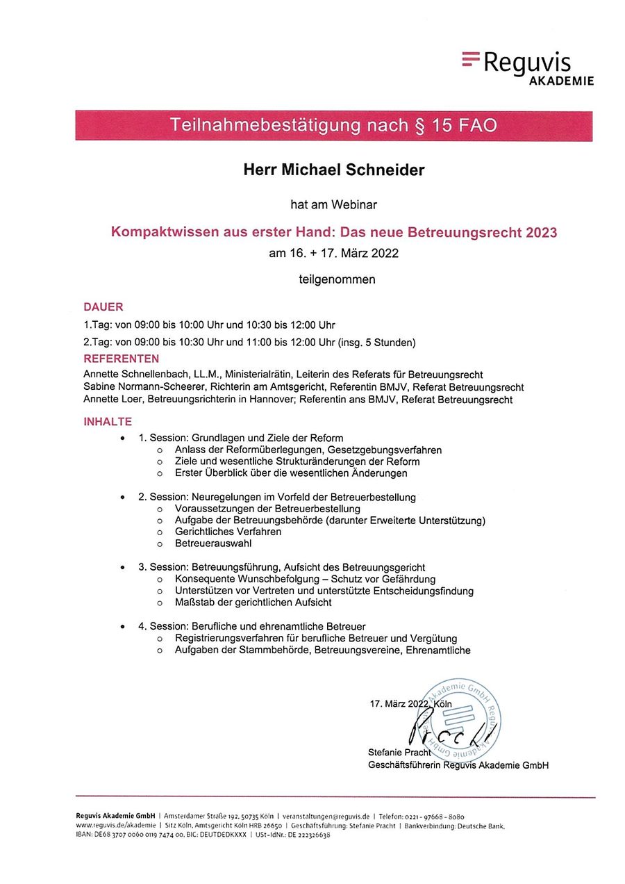 Reguvis Teilnahmebestätigung Betreuungsrecht 2023